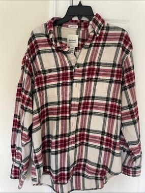 Basic Editions Men’s Red and Cream Plaid Button-Down Shirt